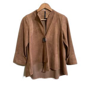 IC by Connie K brown tan faux suede jacket lagenlook asymmetrical 3/4 sleeve S